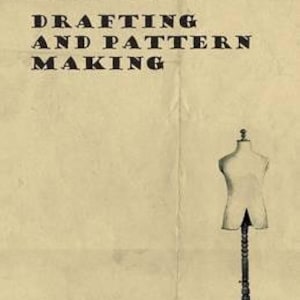 May include: Book cover with the title "Dress Making Drafting and Pattern Making" by Jane Fales. A black and white illustration of a dress form on a stand is on the right side of the cover.
