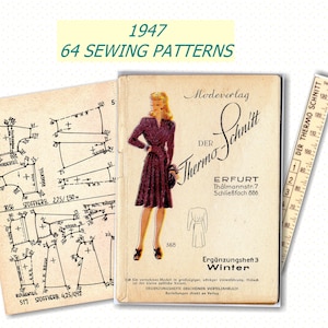 May include: A vintage sewing pattern booklet from 1947, titled "Der Thermo-Schnitt" with the text "Modeverlag" and "Erfurt Thalmannstr. 7 Schließfach 886". The booklet is open to a page showing a woman wearing a burgundy dress and a sewing pattern diagram.