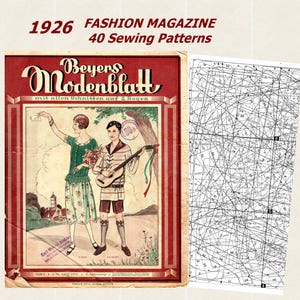 May include: A 1926 Beyers Modenblatt fashion magazine cover featuring an illustration of two people in vintage attire, one holding a guitar, alongside a separate white sheet printed with complex black sewing pattern lines and numbered markings.