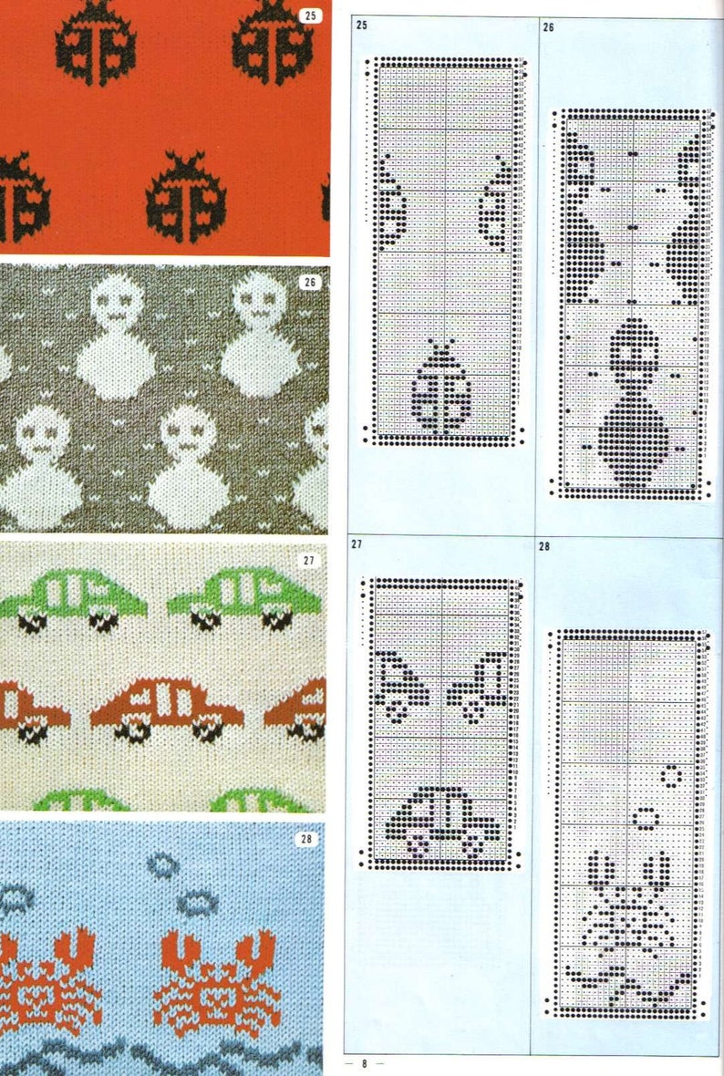 Puede incluir: Una p&aacute;gina de un libro de patrones de tejido de punto con ilustraciones de diferentes dise&ntilde;os de punto. Los dise&ntilde;os incluyen mariquitas, mu&ntilde;ecos de nieve, coches y cangrejos. La p&aacute;gina tambi&eacute;n incluye un patr&oacute;n de cuadr&iacute;cula para cada dise&ntilde;o.