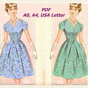 1950s Dress Sewing Pattern PDF, Vintage Dress Pattern PDF, 1950 Dress Pattern, Cocktail Dress Pattern PDF Download
