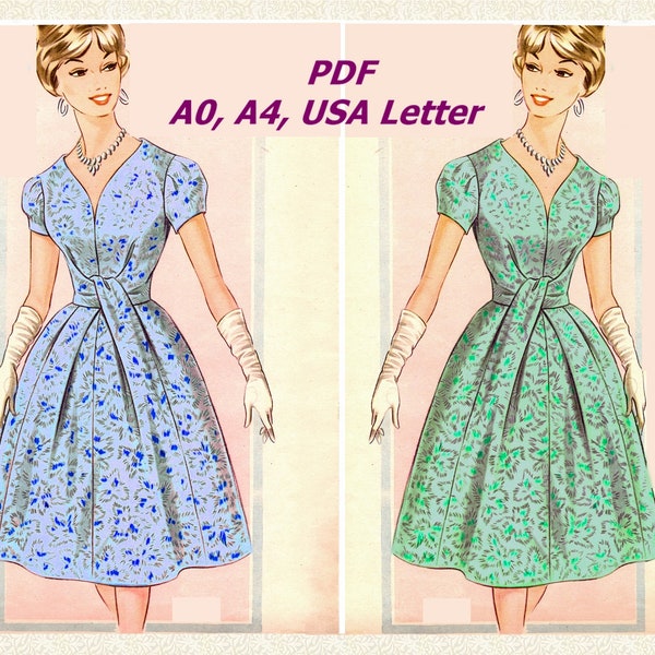 1950s Dress Sewing Pattern PDF, Vintage Dress Pattern PDF, 1950 Dress Pattern, Cocktail Dress Pattern PDF Download