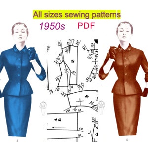 Op de afbeelding: Twee illustraties van vrouwen in pakken uit de jaren 50. De vrouwen dragen blauwe en bruine pakken met bijpassende rokken. De afbeelding bevat een naaipatroon met maten in inches.