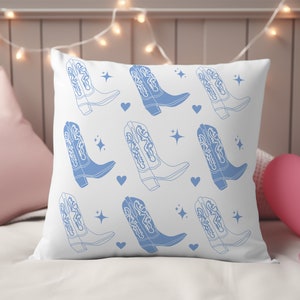 Blue Cowgirl Boots Pillow, Coastal Coquette Aesthetic Dorm Decor for Girl's Dorm Room, Blue and White Cowboy Boots Dorm Essentials