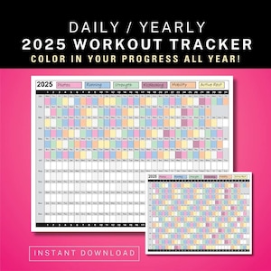 2025 dagelijkse jaarlijkse workout-trackerkalender, kleuren oefenlogboek, gewoonte-tracker, ingekleurde jaarlijkse fitnesskalender, work-out fitnessplanner