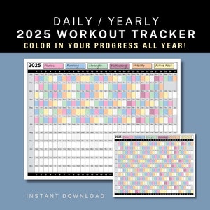 Fitness Tracker, Kalendarz codziennych ćwiczeń na 2025 r., Kolorowanka do dziennika ćwiczeń, Śledzenie nawyków, Kolorowanka do rocznego kalendarza fitness, Planer ćwiczeń