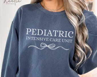 Coquette Bow PICU Nurse Sweatshirt, Pediatric Intensive Care Unit Comfort Colors® Minimalist Crewneck Sweater, PICU Team Crew Appreciation