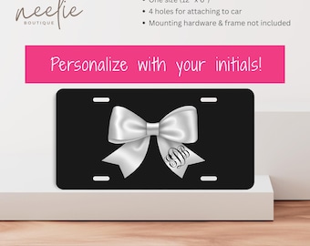 Personalized Initials Front License Plate with Silver Bow on Black Background, Vanity Car License Plate, Cute New Car Gift