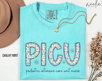 PICU Nurse Comfort Colors® Shirt with Boho Floral Letters Pediatric Intensive Care Unit T-Shirt, Retro Flowers Summer Tee for Pediatric ICU