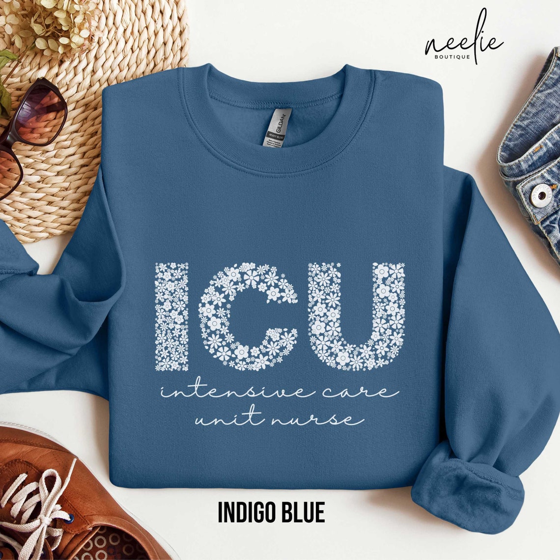 ICU Nurse Sweatshirt, Intensive Care Unit Botanical Flower Letters Blue ...