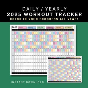 Fitnesstracker voor dagelijkse trainingskalender 2025, kleuroefeninglogboek, gewoontetracker, ingekleurde jaarlijkse fitnesskalender, work-outplanner