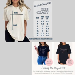 May include: Size chart for t-shirts with measurements in inches. The chart shows the width and length of the shirts in sizes S through 4XL. The model is 5'2" and wearing a size Medium for a relaxed fit. The same model is wearing an XL for an oversized t-shirt dress style.