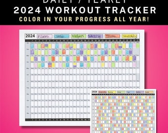 2024 Daily Yearly Workout Tracker Calendar, Coloring Exercise Log, Habit Tracker, Color-in Yearly Fitness Calendar, Work Out Fitness Planner