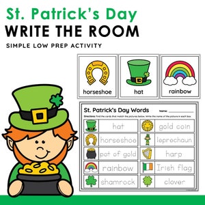 Puede incluir: Una actividad imprimible de «Escribir en la habitación» para el Día de San Patricio. La actividad incluye un duende, una olla de oro, una herradura, un trébol, un arcoíris, un sombrero, un arpa, una bandera irlandesa y un trébol. La actividad está diseñada para que los niños pequeños practiquen su vocabulario y sus habilidades motoras finas.