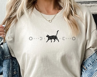 Mystical Cosmic Black Cat Shirt, Cat Sun Moon Graphic Tees, Halloween Witch Shirt, Tarot tee, Cat Moon Shirt, Sun Moon Shirt, Cat Moon Tee