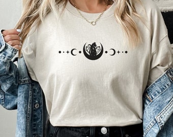 Celestial Black Cat Witch Shirt, Gothic Cat Crystal Moon Graphic Tees, Halloween Witch Shirt, Tarot Moon Shirt, mystical Shirt, boho Tee