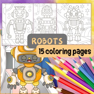 Robot Coloring Book, Robot Theme Birthday Party Activity, Kids Coloring Pages, Printable Download Coloring Page, Kids Room Robot Wall Art