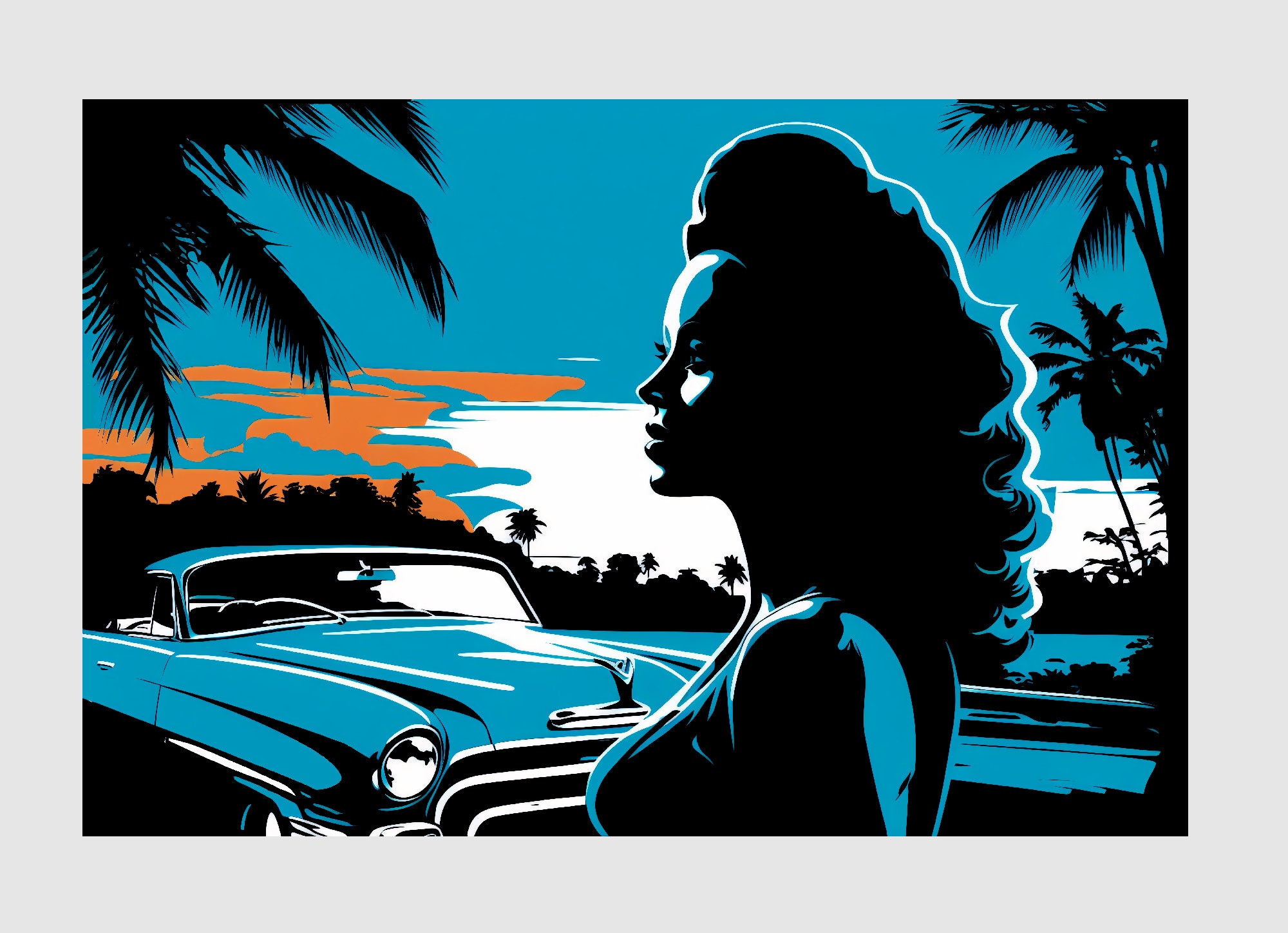 Chevrolet Bel Air on Poster Retro Vintage Woman Silhouette Cyan Blue