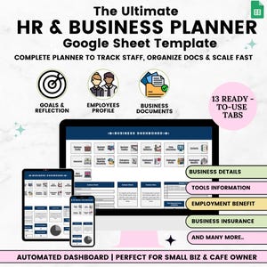 Könnte beinhalten: Ein digitales HR- und Business-Planer Google Sheet Template, angezeigt auf einem Tablet, Telefon und Computerbildschirm. Die Vorlage enthält Abschnitte für Ziele, Mitarbeiterprofile und Geschäftsdokumente. Text enthält "The Ultimate HR & Business Planner" und "Automated Dashboard".