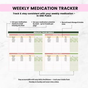 K&ouml;nnte beinhalten: Ein w&ouml;chentlicher Medikamenten-Tracker mit dem Titel "WEEKLY MEDICATION TRACKER" in einem rosa Banner. Der Tracker enth&auml;lt Platz f&uuml;r die Auflistung von Medikamenten, Dosierung und Uhrzeit, mit Kontrollk&auml;stchen f&uuml;r jeden Wochentag. Der Text lautet "Track & stay consistent with your weekly medication - in ONE PLACE."