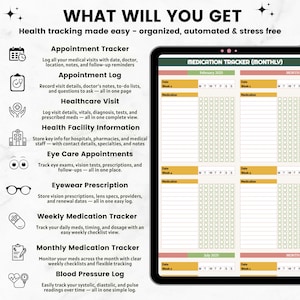 K&ouml;nnte beinhalten: Ein digitaler Gesundheitstracker mit wei&szlig;em Hintergrund und schwarzem Text. Der Tracker enth&auml;lt Abschnitte f&uuml;r Termine, Gesundheitsbesuche, Medikamentenverfolgung und Blutdruckprotokolle. Ein Tablet zeigt einen monatlichen Medikamenten-Tracker an.