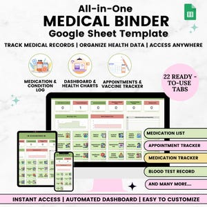 Medical Binder, Health Wellness Tracker Spreadsheet, Chronic Illness Tracker, Medical Log, Medication Tracker, Doctor Appointment Tracker