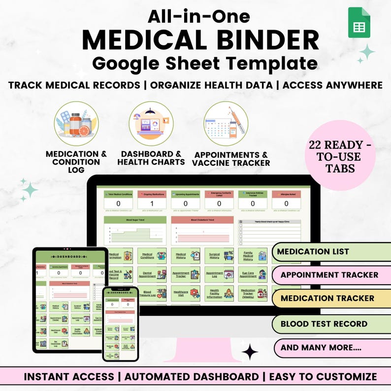 K&ouml;nnte beinhalten: Ein All-in-One Medical Binder Google Sheet Template, dargestellt auf einem Tablet, Telefon und Computerbildschirm. Die Vorlage enth&auml;lt Medikamentenprotokolle, Gesundheitsdiagramme und einen Impfstoff-Tracker. Das Bild zeigt auch 22 einsatzbereite Registerkarten und ein automatisiertes Dashboard.