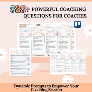 Könnte beinhalten: Ein digitaler Bildschirm zeigt ein Coaching-Tool mit über 525 kraftvollen Coaching-Fragen für Coaches. Der Bildschirm ist in Abschnitte mit bunten Überschriften unterteilt: Zielsetzung & Vision, Selbstfindung, Persönliche Produktivität, Mindset und Kompetenzentwicklung. Jeder Abschnitt enthält eine Frage-Aufforderung und einen Platz für Notizen. Der Bildschirm befindet sich auf einem rosa Hintergrund mit weißen Blumen.
