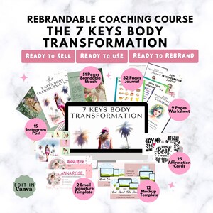 Könnte beinhalten: Ein digitales Produkt-Mockup für einen rebrandbaren Coaching-Kurs namens "The 7 Keys Body Transformation". Das Mockup enthält eine Vielzahl von digitalen Assets, wie z. B. ein E-Book, ein Journal, ein Arbeitsblatt, einen Instagram-Post, eine E-Mail-Signaturvorlage und Affirmationskarten. Der Kurs ist bereit zum Verkauf, zur Verwendung und zur Rebranding.