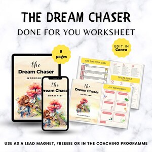 May include: A digital download of a 9-page worksheet titled "The Dream Chaser" with a watercolor illustration of a girl playing the violin. The worksheet includes sections for goal setting, vision boards, and life goals.