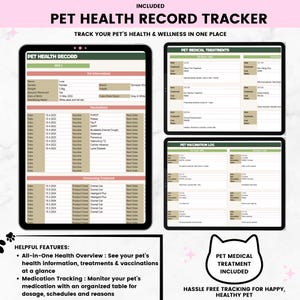 K&ouml;nnte beinhalten: Ein digitaler Haustier-Gesundheitsrekord-Tracker mit Abschnitten zur Verfolgung von Gesundheitsinformationen, Behandlungen und Impfungen. Der Tracker enth&auml;lt einen Abschnitt mit Tierinformationen, ein Impfprotokoll und medizinische Behandlungsaufzeichnungen.