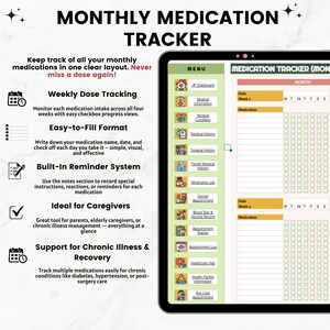 K&ouml;nnte beinhalten: Ein digitaler Medikamenten-Tracker mit gr&uuml;nem Men&uuml; und wei&szlig;em Hintergrund. Der Tracker enth&auml;lt Abschnitte f&uuml;r die w&ouml;chentliche Dosierung, ein einfach auszuf&uuml;llendes Format und ein integriertes Erinnerungssystem. Der Text auf dem Bild lautet "Monatlicher Medikamenten-Tracker."