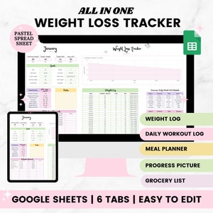 Weight Loss Tracker Spreadsheet, Weight Loss Planner, Calorie Tracker, Meal Planner, Weigh-in Chart, Weight Loss Journal, Exercise Tracker