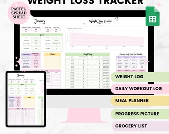 May include: A digital weight loss tracker spreadsheet template in Google Sheets. The template has six tabs: January, Weight Log, Daily Workout Log, Meal Planner, Progress Picture, and Grocery List. The template is designed with pastel pink, green, and yellow colors.