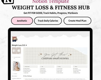 Weight Loss & Fitness Tracker Notion Template, Weight Tracker, Calorie Tracker, Meal Notion Planner Journal, Wellness and Body Health