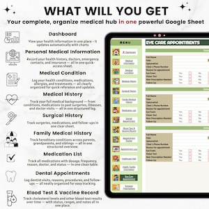 K&ouml;nnte beinhalten: Ein digitales medizinisches Hub, das auf einem Tablet-Bildschirm angezeigt wird. Die Oberfl&auml;che umfasst Abschnitte f&uuml;r Gesundheitsinformationen, medizinische Vorgeschichte und Termine. Auf dem Bildschirm steht "WHAT WILL YOU GET" und "Your complete, organize medical hub in one powerful Google Sheet."