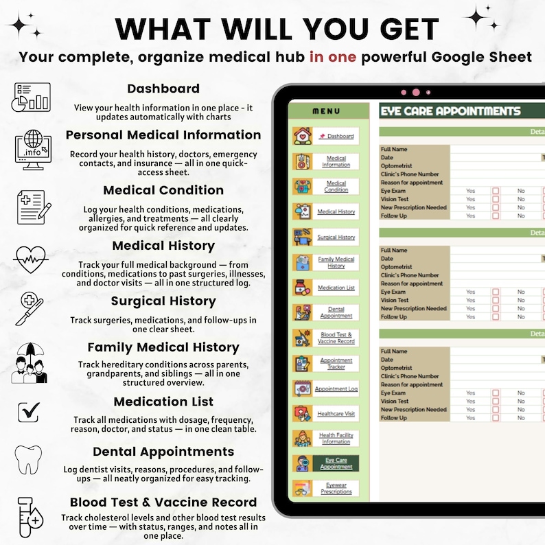 K&ouml;nnte beinhalten: Ein digitales medizinisches Hub, das auf einem Tablet-Bildschirm angezeigt wird. Die Oberfl&auml;che umfasst Abschnitte f&uuml;r Gesundheitsinformationen, medizinische Vorgeschichte und Termine. Auf dem Bildschirm steht "WHAT WILL YOU GET" und "Your complete, organize medical hub in one powerful Google Sheet."
