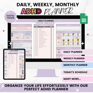 May include: A digital planner designed for people with ADHD. The planner features a pastel purple and pink colour scheme and includes daily, weekly, and monthly sections. The text on the screen reads "Daily, Weekly, Monthly ADHD Planner".