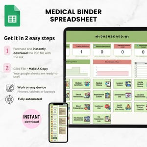 K&ouml;nnte beinhalten: Eine digitale medizinische Ordner-Tabelle, die auf einem Tablet und einem Smartphone angezeigt wird. Die Tabelle enth&auml;lt Abschnitte f&uuml;r medizinische Bedingungen, Verlauf, Termine und mehr. Der Text auf dem Bild lautet "INSTANT download".