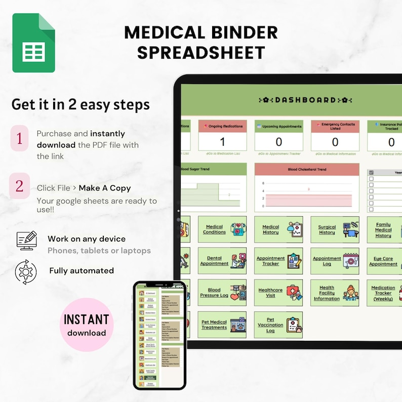K&ouml;nnte beinhalten: Eine digitale medizinische Ordner-Tabelle, die auf einem Tablet und einem Smartphone angezeigt wird. Die Tabelle enth&auml;lt Abschnitte f&uuml;r medizinische Bedingungen, Verlauf, Termine und mehr. Der Text auf dem Bild lautet "INSTANT download".