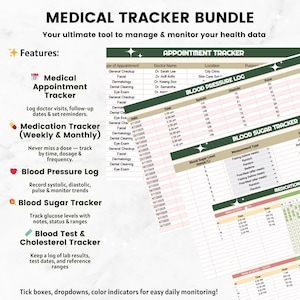 K&ouml;nnte beinhalten: Medical Tracker Bundle mit Funktionen zur Verfolgung von Terminen, Medikamenten, Blutdruck, Blutzucker und Cholesterin. Enth&auml;lt Protokolle, Notizen und Farbindikatoren f&uuml;r die einfache t&auml;gliche &Uuml;berwachung. Der Text lautet: "Ihr ultimatives Werkzeug zur Verwaltung und &Uuml;berwachung Ihrer Gesundheitsdaten."