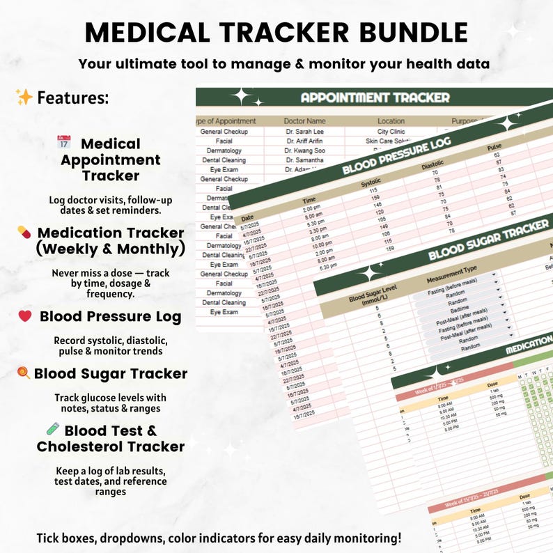 K&ouml;nnte beinhalten: Medical Tracker Bundle mit Funktionen zur Verfolgung von Terminen, Medikamenten, Blutdruck, Blutzucker und Cholesterin. Enth&auml;lt Protokolle, Notizen und Farbindikatoren f&uuml;r die einfache t&auml;gliche &Uuml;berwachung. Der Text lautet: "Ihr ultimatives Werkzeug zur Verwaltung und &Uuml;berwachung Ihrer Gesundheitsdaten."