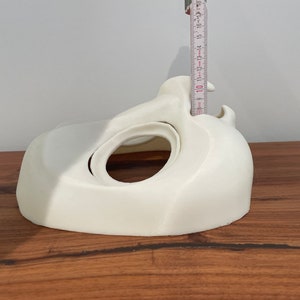 May include: White 3D printed mask with two holes. The mask is about 10 inches wide.