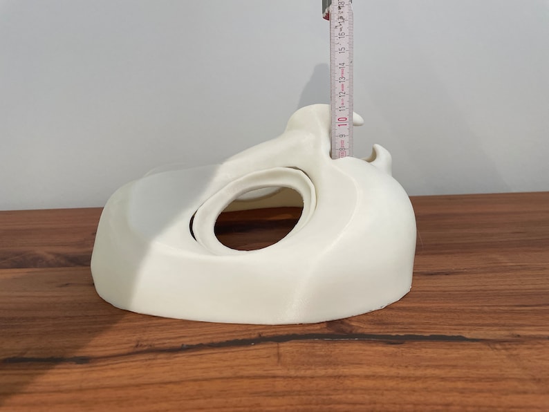 May include: White 3D printed mask with two holes. The mask is about 10 inches wide.