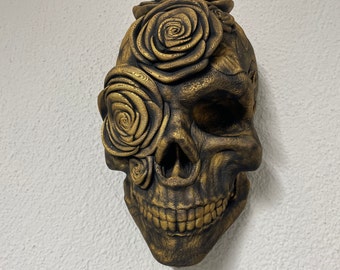 Skull Roses Wall Art and Decoration / La Catrina / Mexican Style - realistic ancient finish - gothic dark age