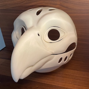 Könnte beinhalten: Weiße, unbemalte Vogelmaske mit Augen- und Schnabelöffnungen. Die Maske besteht aus einem glatten, harten Material und hat eine strukturierte Oberfläche.