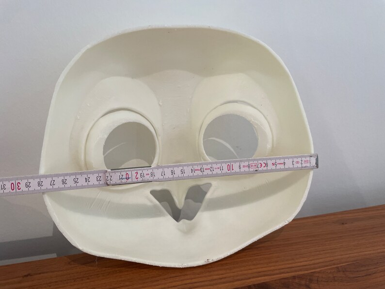 May include: White plastic mask with two eye holes and a mouth hole. The mask is 19 inches wide.