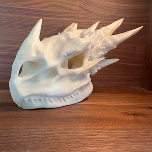 Könnte beinhalten: Weiße Plastik-Drachen-Schädelskulptur mit scharfen Zähnen und Stacheln.