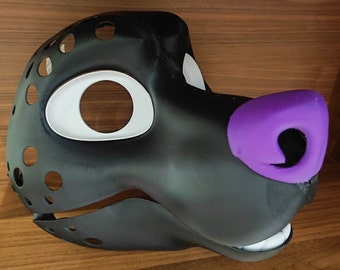 Base de cabeça premium para fursuit de lobo canino com mandíbula e pálpebras móveis, feita em ABS de alta qualidade com textura felpuda.