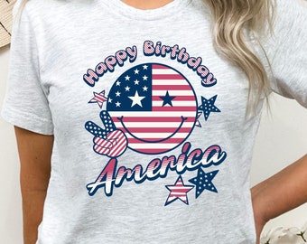 Camisa del 4 de julio, camisa de feliz cumpleaños América, camiseta de estrellas y rayas, camiseta roja, blanca y azul, regalo patriótico, camiseta de la bandera estadounidense
